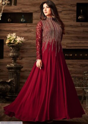 Unstitched 3 Pcs Women’s Zari Tilla Embroidered Chiffon Suit with Sequins Dupatta – Red