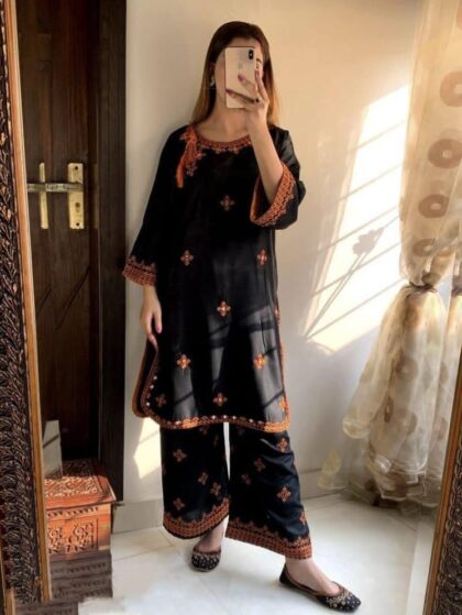 2 Pcs Women’s Linen Embroidered Stitched Shirt & Trouser – Medium Size