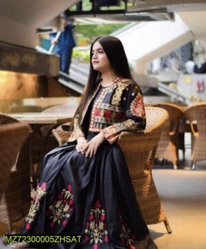 3 Pcs Women’s Stitched Fancy Katan Silk Embroidered Maxi with Jacket & Dupatta – Standard Size