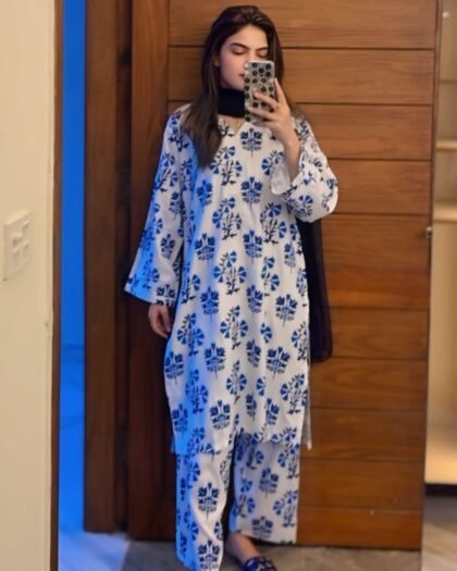 2 Pcs Women’s Stitched Linen Printed Shirt & Trouser