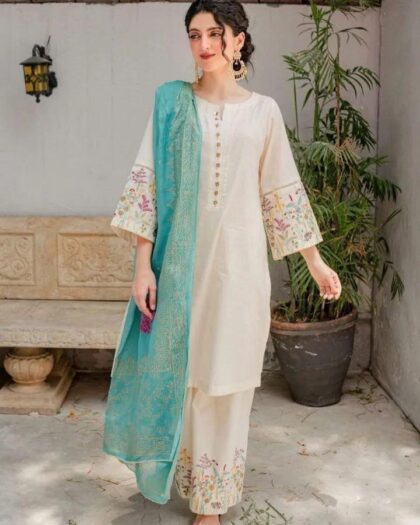 Unstitched 3-Piece Embroidered Lawn Suit with Printed Diamond Dupatta – Off White