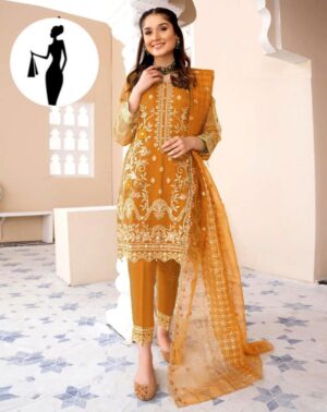 3 Pcs Women’s Stitched Organza Embroidered Suit with Embroidered Dupatta – Mustard