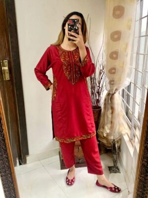 Women’s 2 Pcs Linen Embroidered Suit