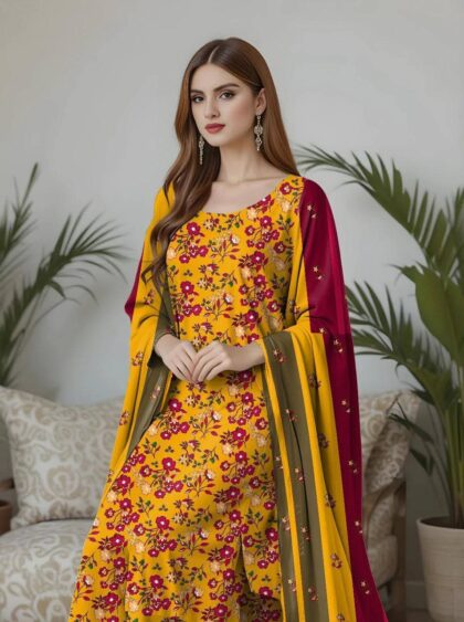 3 Pcs Lawn Printed Suit – Golden