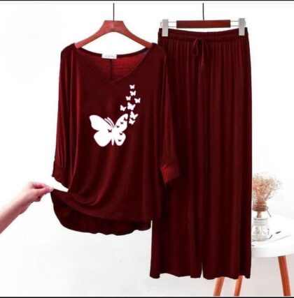 Stylish Maroon Cotton Jersey Night Suit – 2-Piece Set for Women